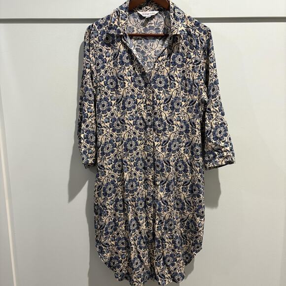 La Mer Luxe Shirt Dress Womens Small Blue Floral Button Up Pockets‎ Rayon Boho - Picture 1 of 15